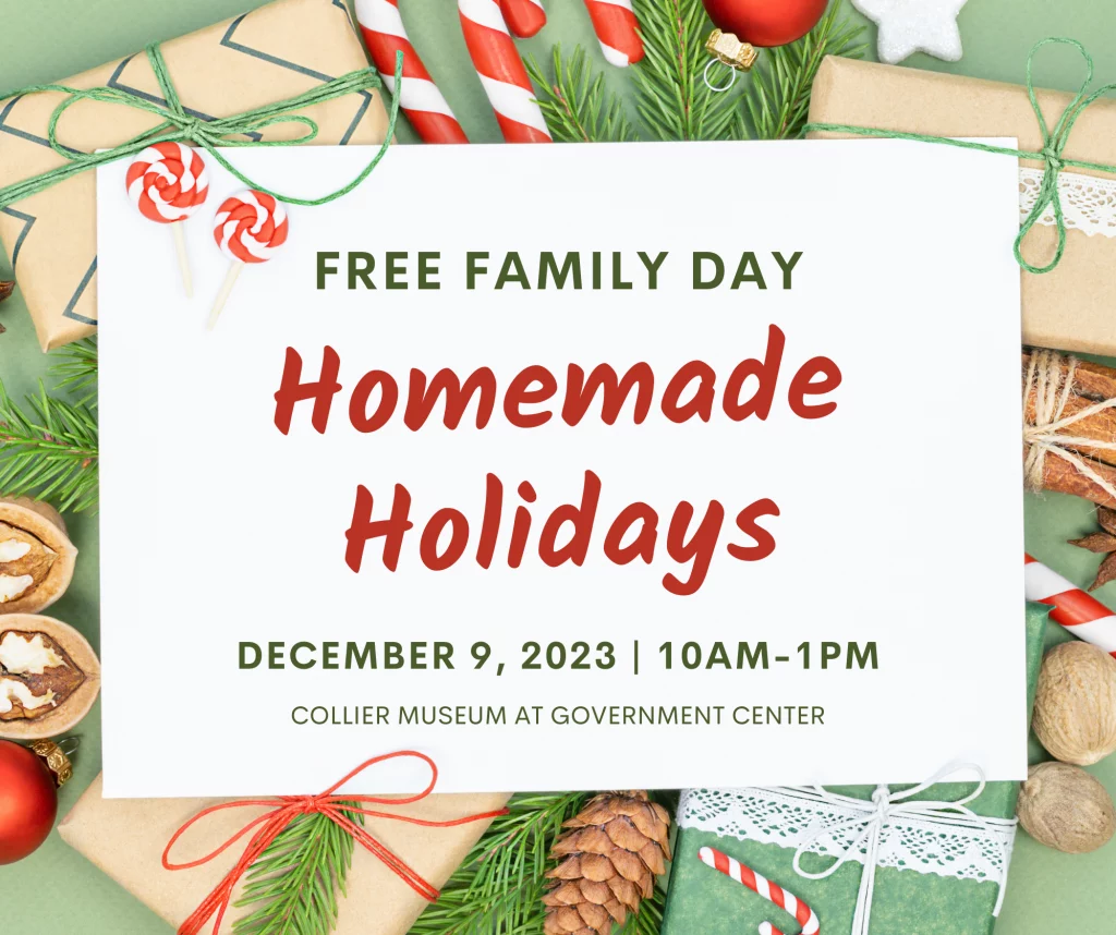 The words "Free Family Day Homemade Holidays" on a background of brown paper presents and pine