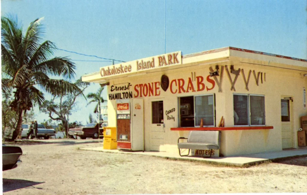 A yellow stone crab shop on the beach