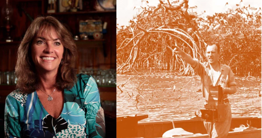Photograph of Tami Ebbets Hahn, a woman with brunette hair and hazel eyes, alongside an orange and white photograph of Charles Ebbets with a camera in the Everglades