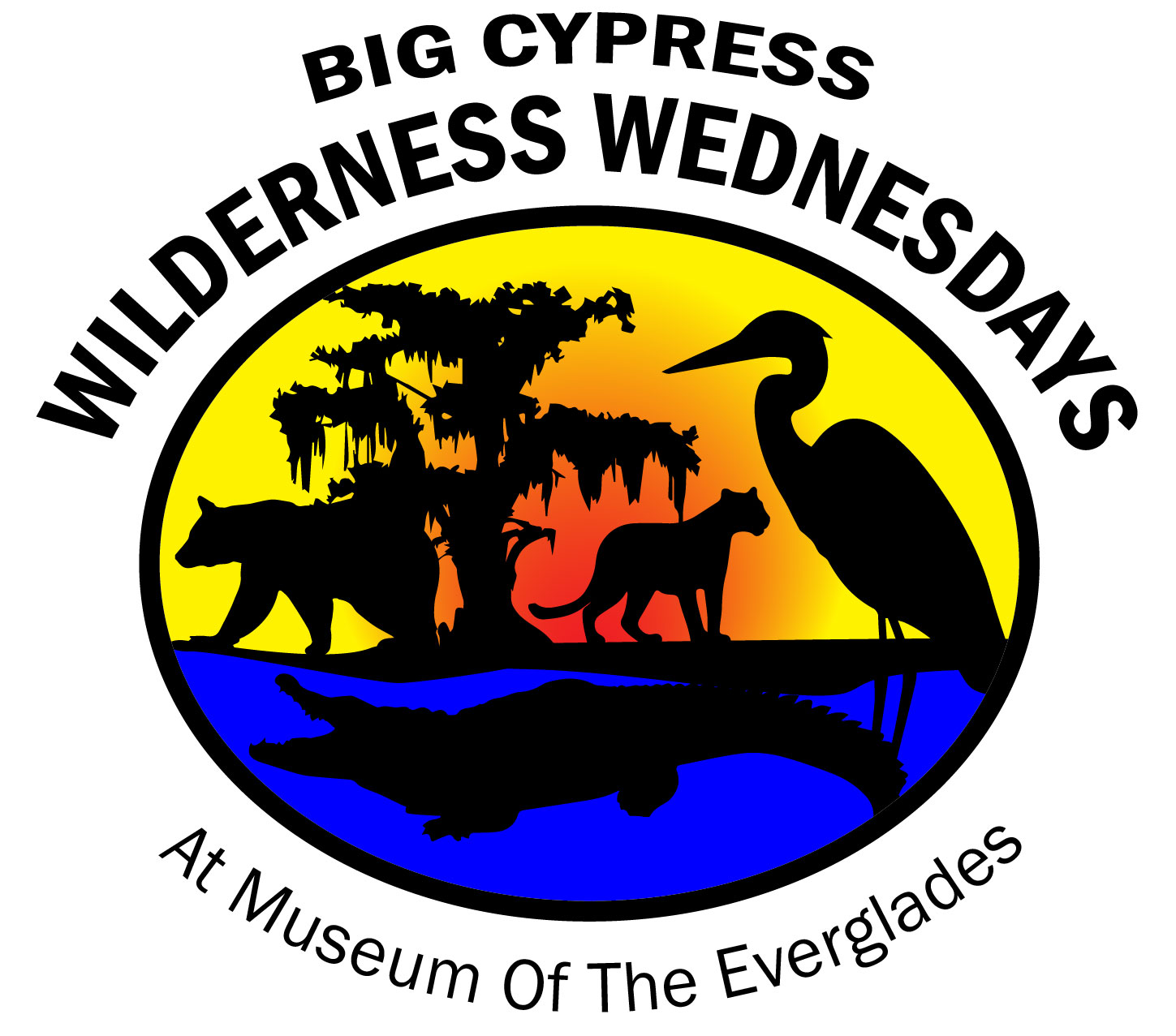 "Big Cypress Wilderness Wednesdays at Museum of the Everglades" logo of silhouetted animals against a sunset