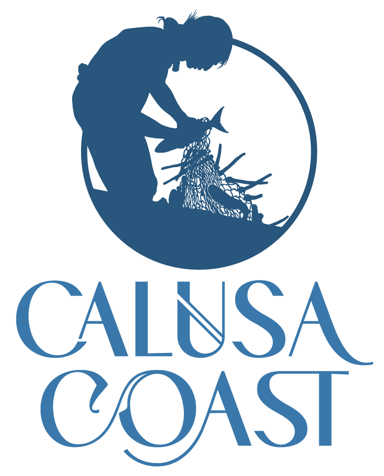 Calusa Coast logo of a man pulling fish from a net