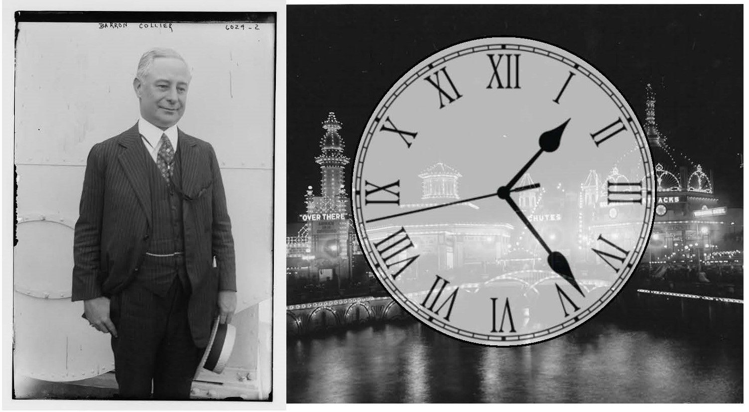 Black and white photo of Barron Collier alongside a clock superimposed over Cooney Island at night