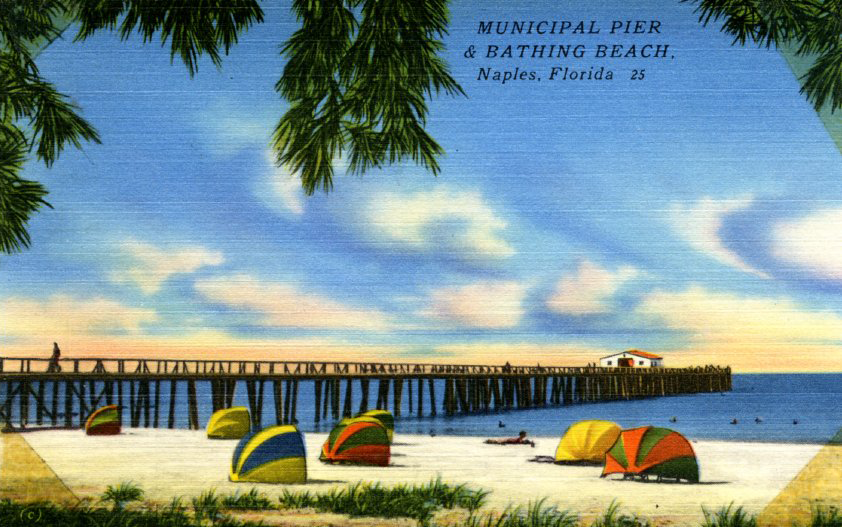 Vintage postcard of a Naples beach with colorful umbrellas and a long pier