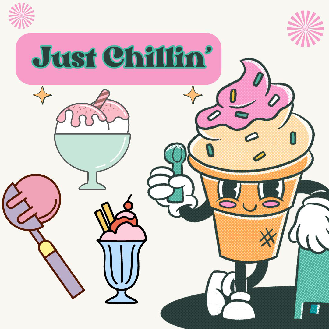 an anthropomorphized ice cream cone among ice cream paraphernalia