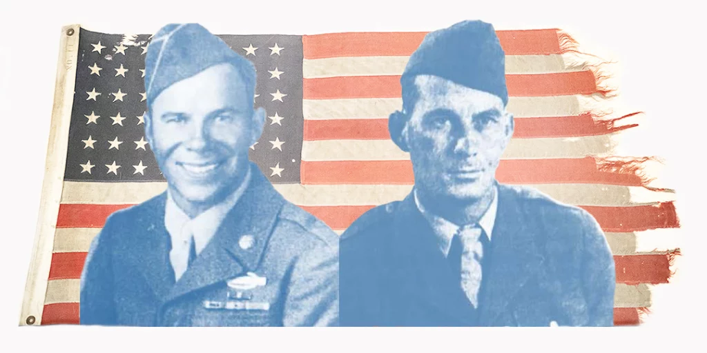 Two blue-tone service members over an American flag
