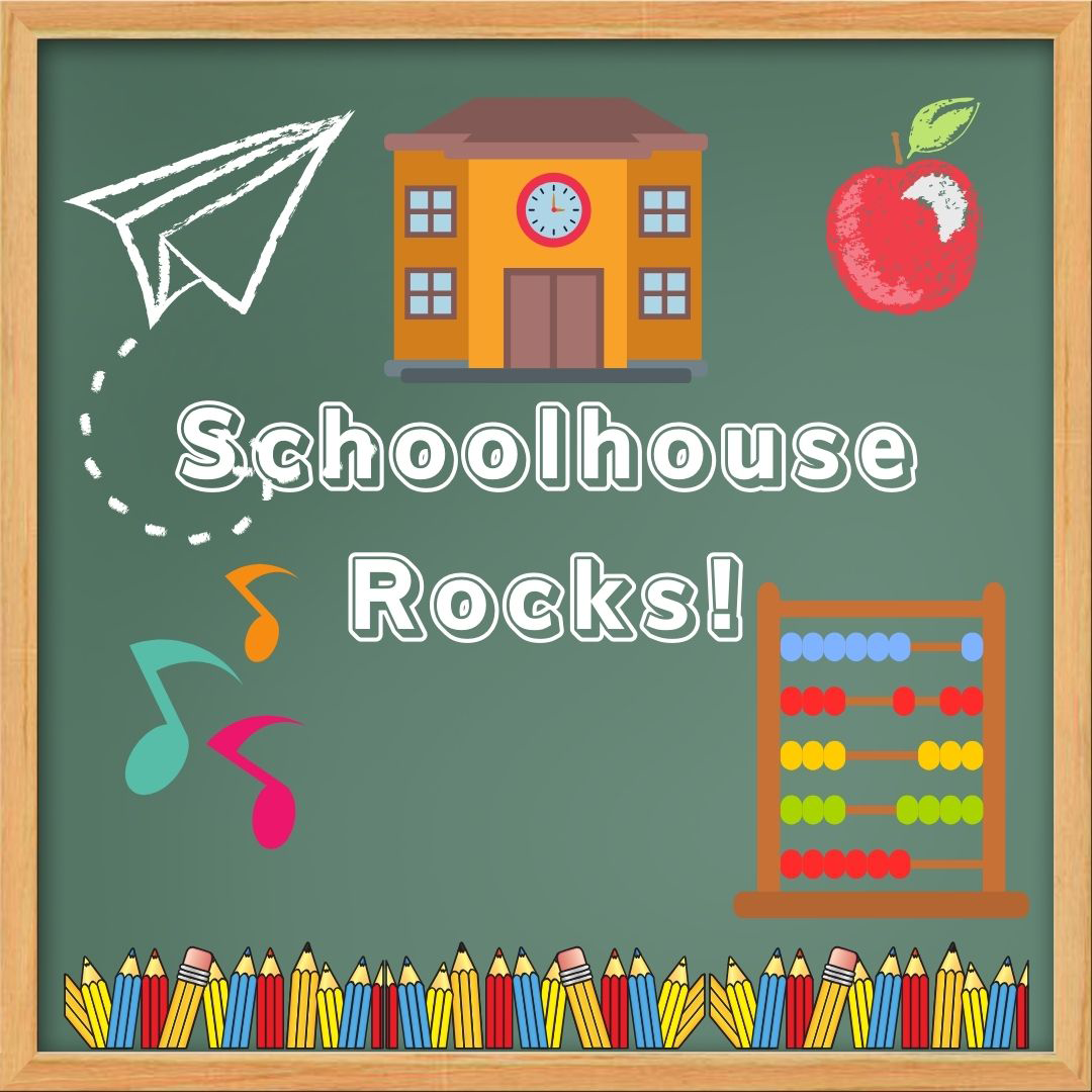 Schoolhouse and school related objects on an illustrated blackboard
