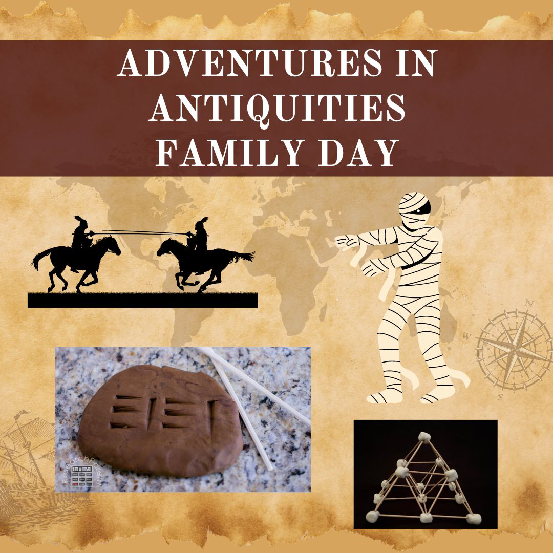 silhouette of two knights, art of a mummy, and photos of cuneiform writing and a marshmallow pyramid